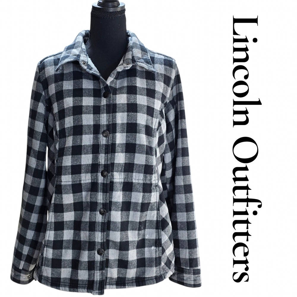 Lincoln Outfitters Shirt Jacket Womens Large Gray Black Plaid Sherpa Flannel L